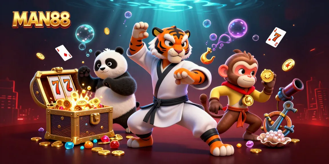 Experience the excitement of MAN88 with playful characters at a vibrant casino.