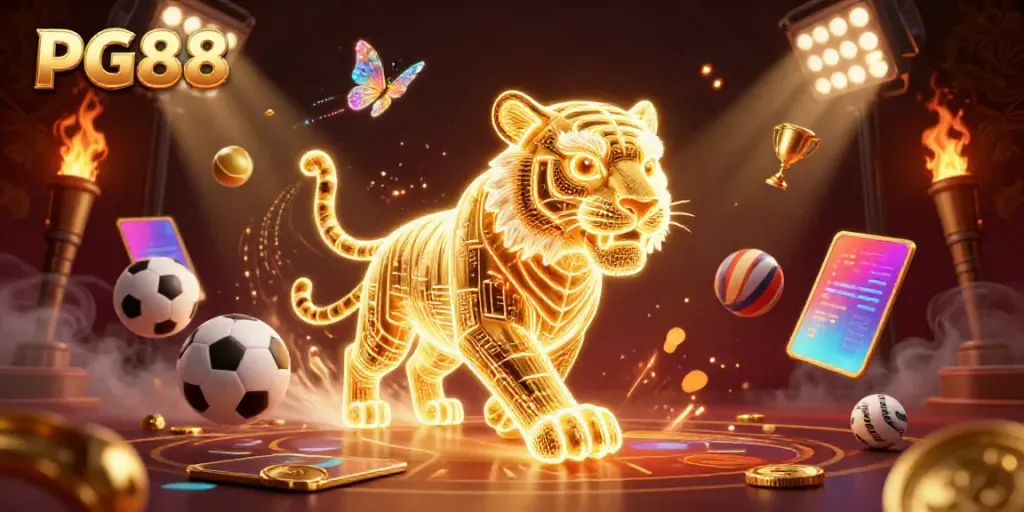 Experience the thrill of PG88 with a golden tiger in a vibrant digital casino scene.