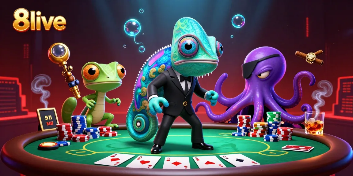 Join 8live with a thrilling 3D scene featuring a chameleon secret agent, gecko companion, and villainous octopus.