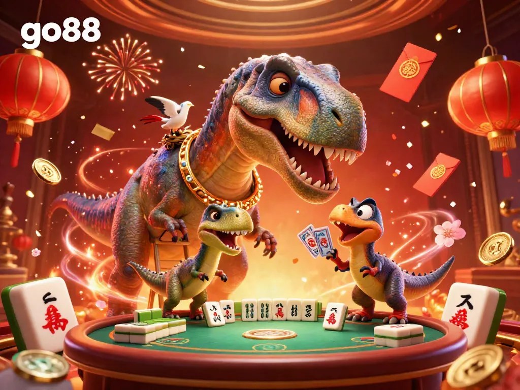 Experience excitement at the go88 casino with a playful image of a brontosaurus and clever raptor in a vibrant scene.
