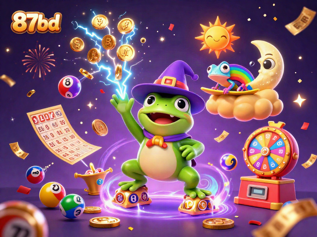 Experience the excitement of 87bd as colorful lottery elements transform the atmosphere in a dynamic digital scene.