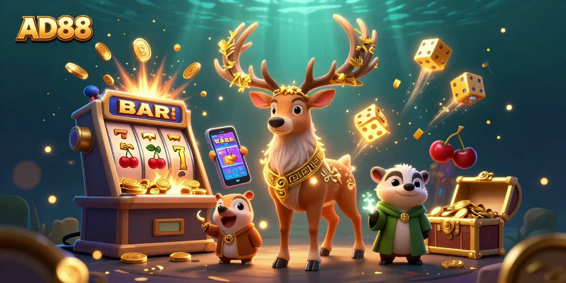 Join the adventure with AD88 and a mystical druid stag winning in the vibrant casino world.
