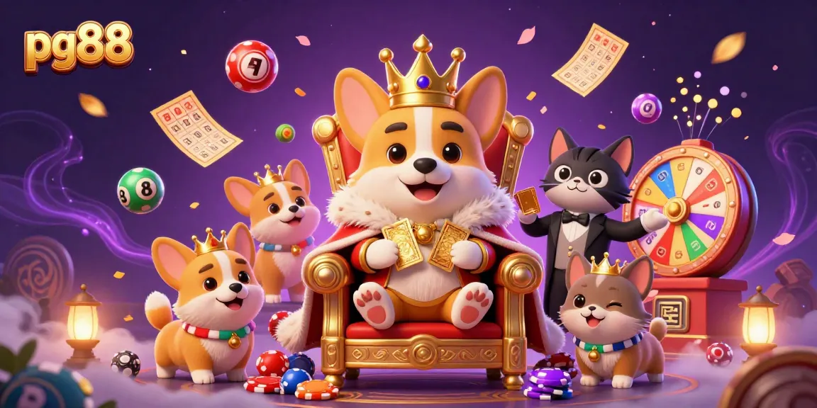 Win big with pg88 in this vibrant, festive gaming scene featuring corgis and prizes