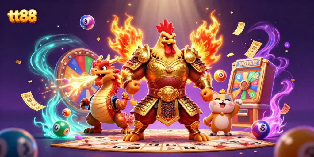 Experience thrilling gameplay at tt88 with a cartoon warrior and dragon amidst exciting gambling elements.