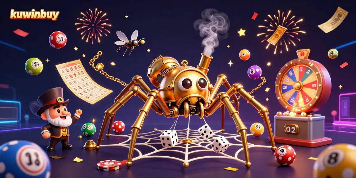 kuwinbuy showcases a dynamic casino scene with a steampunk spider, lottery elements, and festive lighting.