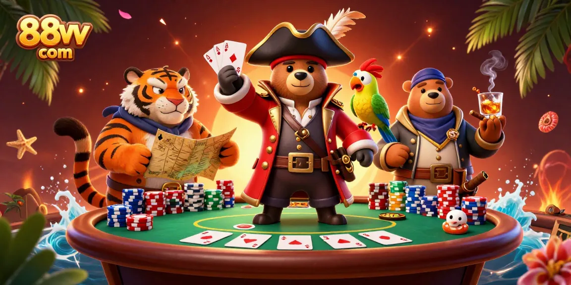 Engage with 88vv com at an exciting poker table scene featuring a pirate captain bear and his crew.