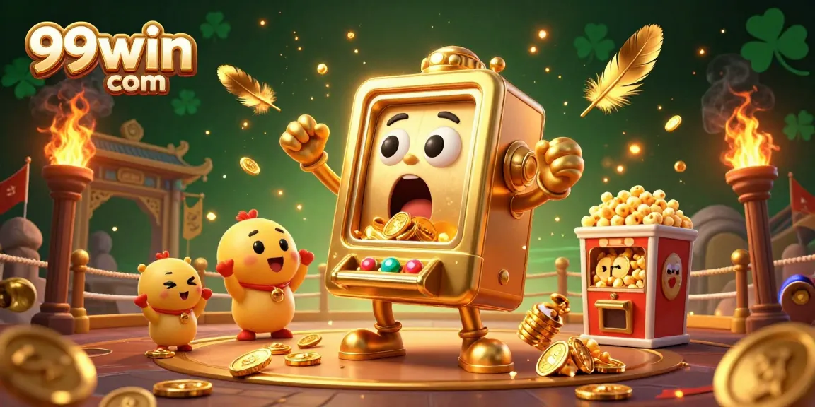 Winning at 99win com with a golden slot machine celebrating a jackpot amidst cheering companions.