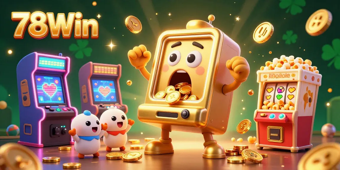 78Win slot machine celebrating a jackpot victory surrounded by cheerful mini machines and sparkling game elements.
