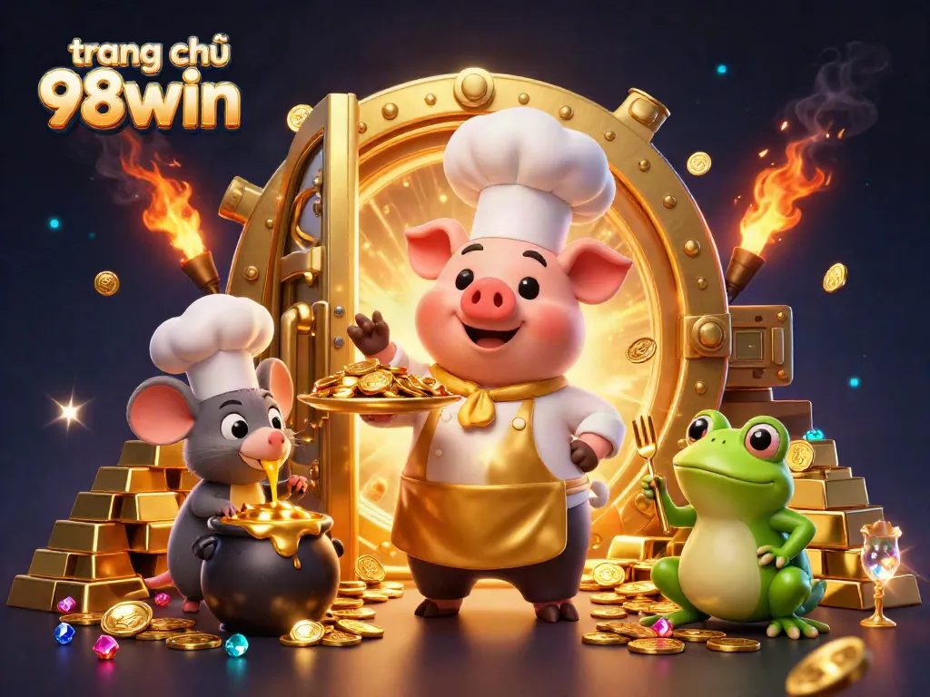 A vibrant and detailed illustration showing trang chủ 98win's gaming excitement, featuring a chef pig serving gold coins and a sous-chef mouse.