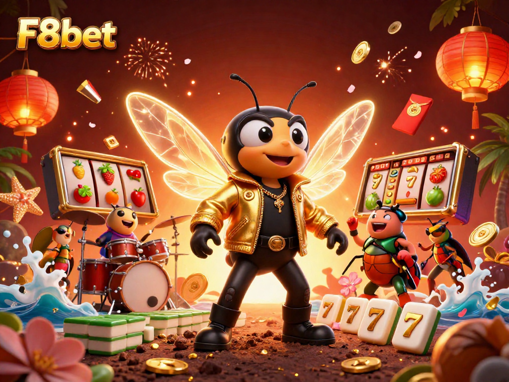 Experience the excitement of F8bet with vibrant casino characters and slot games in a dynamic scene.