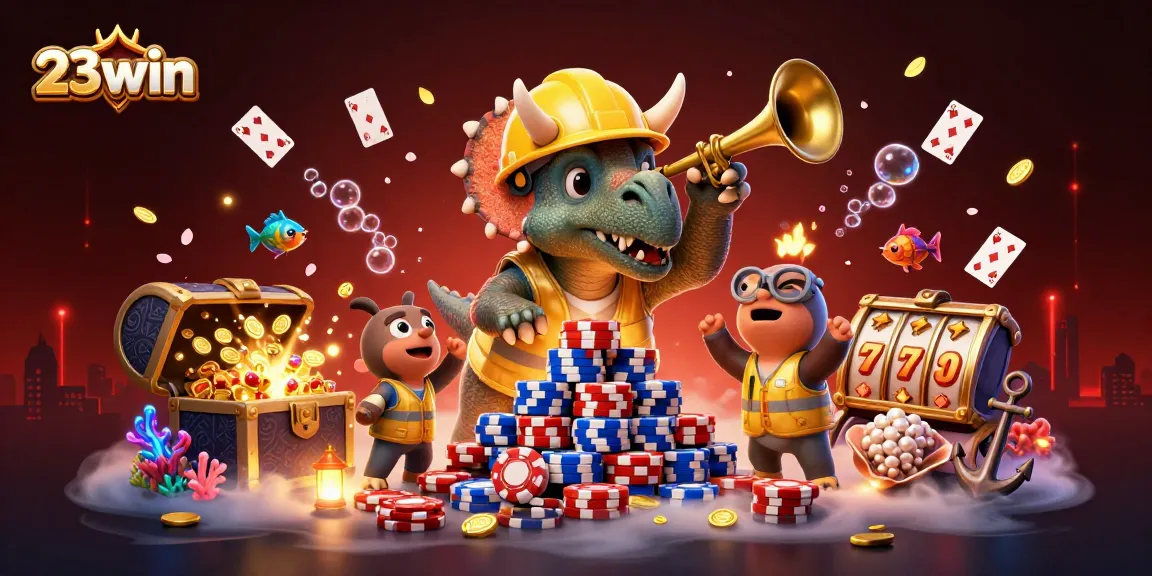 Engage the excitement of 23win with a vibrant 3D casino scene featuring dynamic characters celebrating around casino elements.