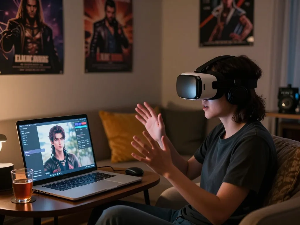 Engaging 18+ AI conversation scene with user in virtual reality setup.