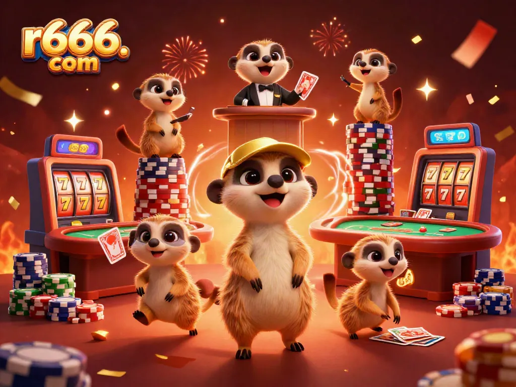 Experience rich and vibrant casino action at r666. com with cartoon meerkats animatedly playing slots and poker.