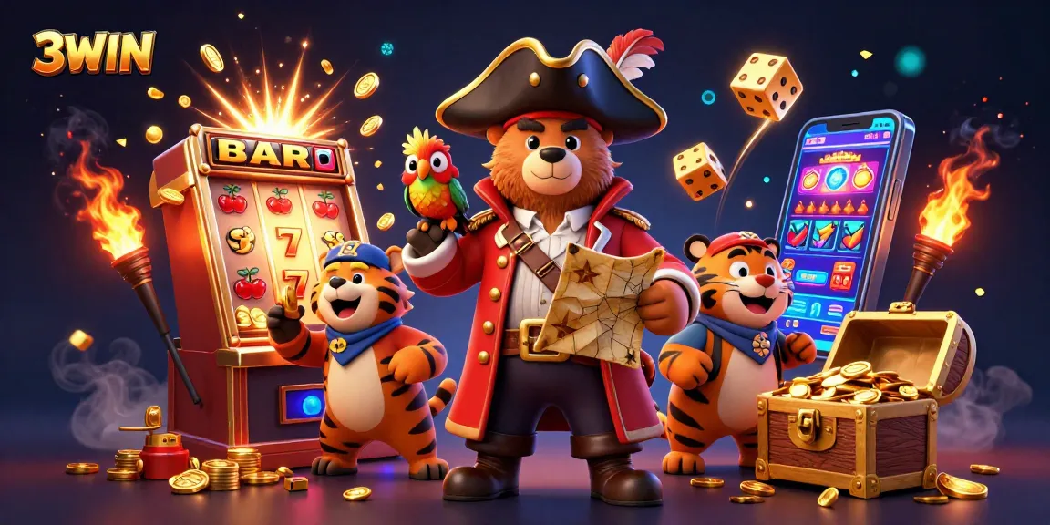 Experience the thrill of 3WIN with vibrant slot machines, gold coins, and adventure-themed characters.