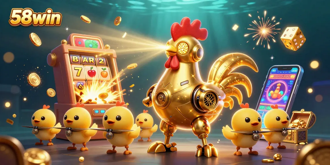Engage in thrilling pay to win games at 58win with vibrant casino elements surrounding a golden rooster robot.