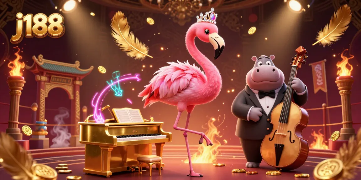 Engage in vibrant gameplay at j188, featuring a lively flamingo singer and hippo bassist in a dynamic casino scene.
