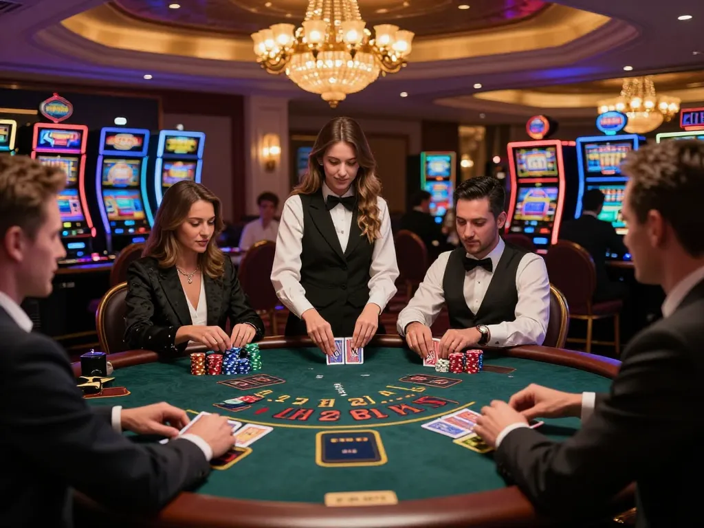 Players enjoying blackjack at red88, showcasing excitement and strategy in a luxury casino.