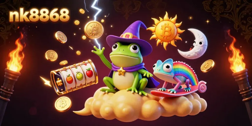 Spin slots and win coins with nk8868's vibrant casino scene featuring magical characters.