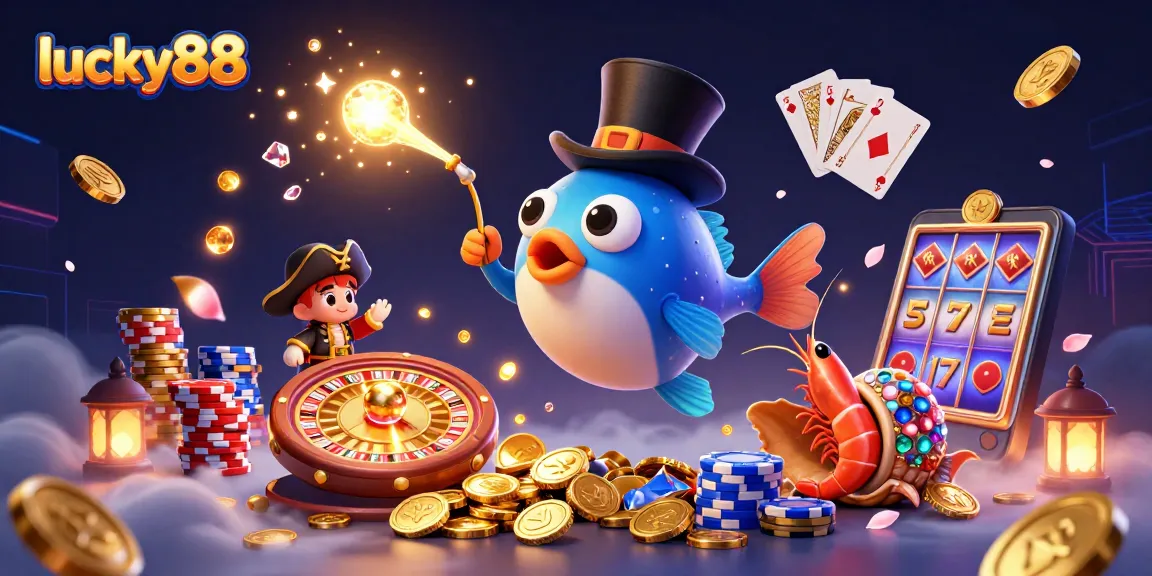 Engage with lucky88's thrilling gaming atmosphere featuring a deep-sea anglerfish attracting coins in a vibrant underwater scene.