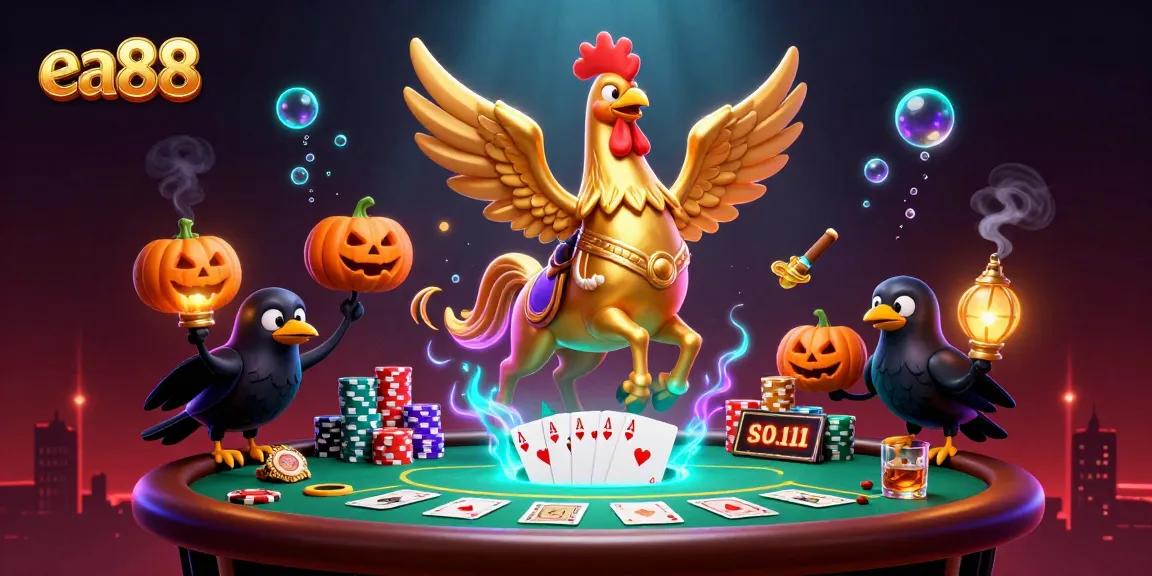 Experience the thrill of ea88 with a golden rooster, poker action, and vibrant casino atmosphere.