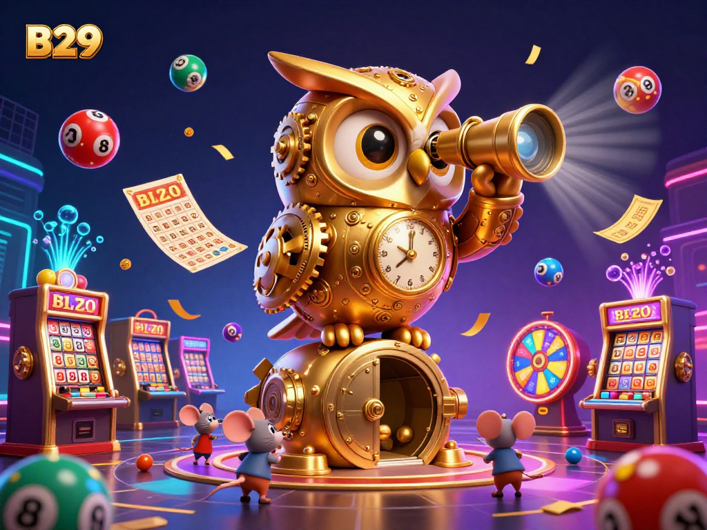 B29 captivates players with a vibrant casino scene showcasing a golden owl and lively characters amidst slot machines and lottery elements.
