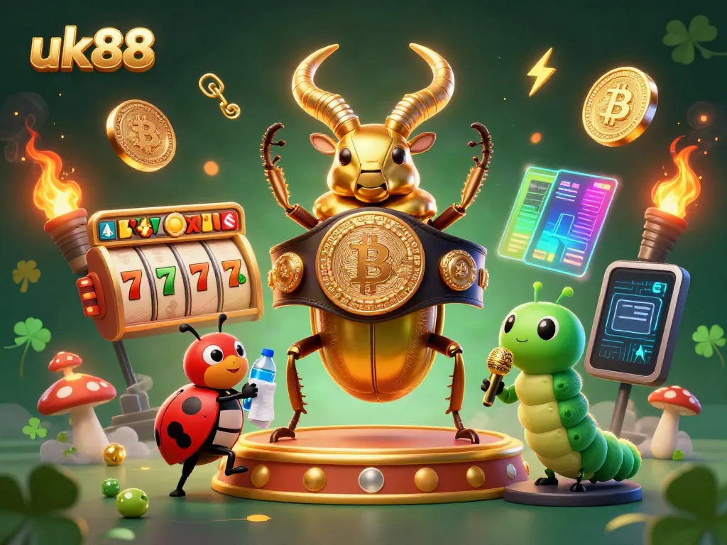 Join the excitement of uk88 with a vibrant casino scene featuring a golden beetle champion and immersive slot games.