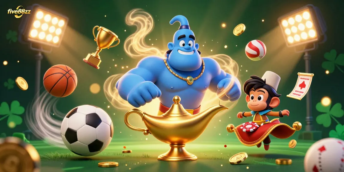Experience the thrill of sports betting with five88zz as a powerful genie and playful monkey charm the casino atmosphere.