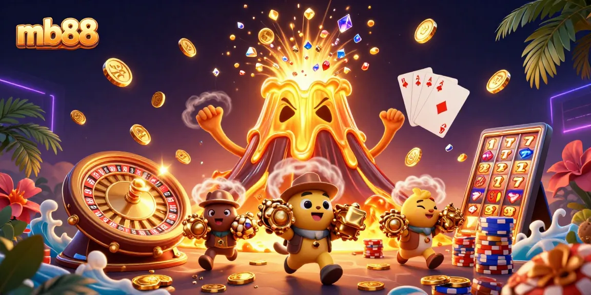 mb88 promotes excitement with a golden volcano erupting coins, treasure hunters, and lively casino elements.