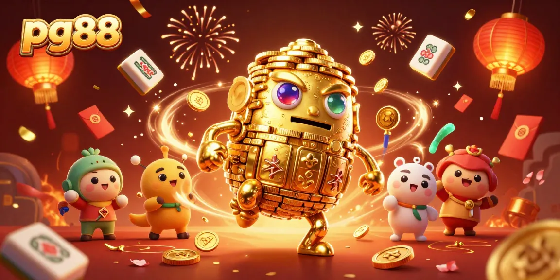 Engage with thrilling games at pg88, featuring a vibrant casino scene with a golden golem and festive decorations.