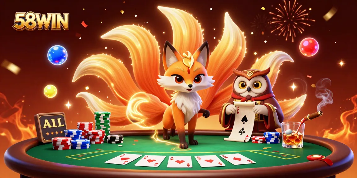 Experience thrilling gameplay at 58WIN with a colorful nine-tailed fox and poker elements.