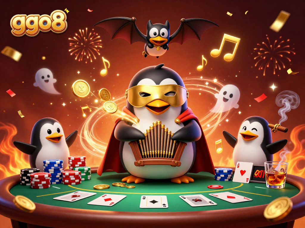ggo8 features a cartoon penguin playing an organ shooting coins at a vibrant casino scene.