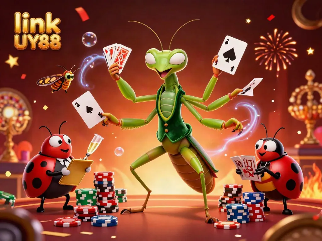 Experience thrilling action at UY88 with a vibrant 3D scene showcasing casino games and celebrations.