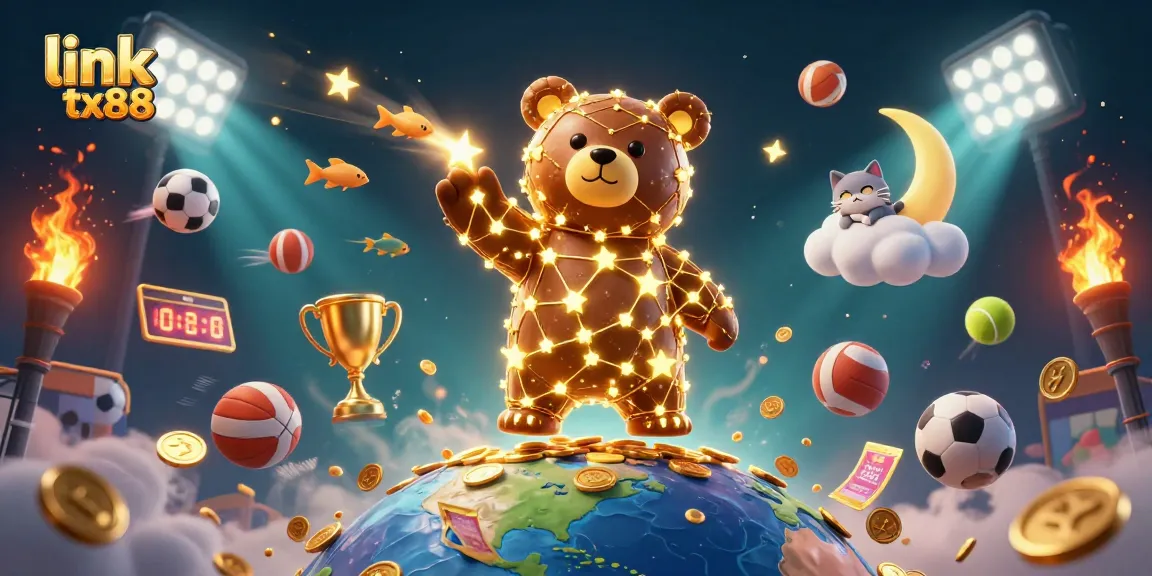 Link tx88 unleashes excitement as a constellation bear scoops coins amidst dynamic sports elements.