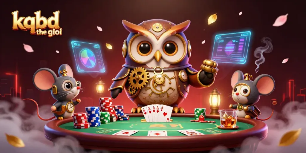 Betting action and results with a lively cartoon owl and casino elements in a vibrant scene of kqbd the gioi.