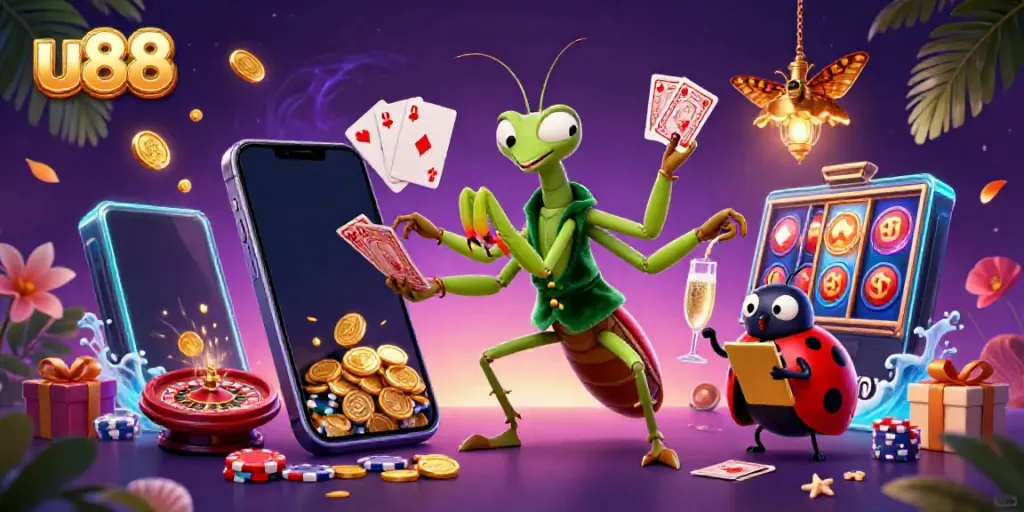 Experience the excitement at u88 with a dynamic 3D illustration featuring a card sharp and pit boss in a colorful casino scene.