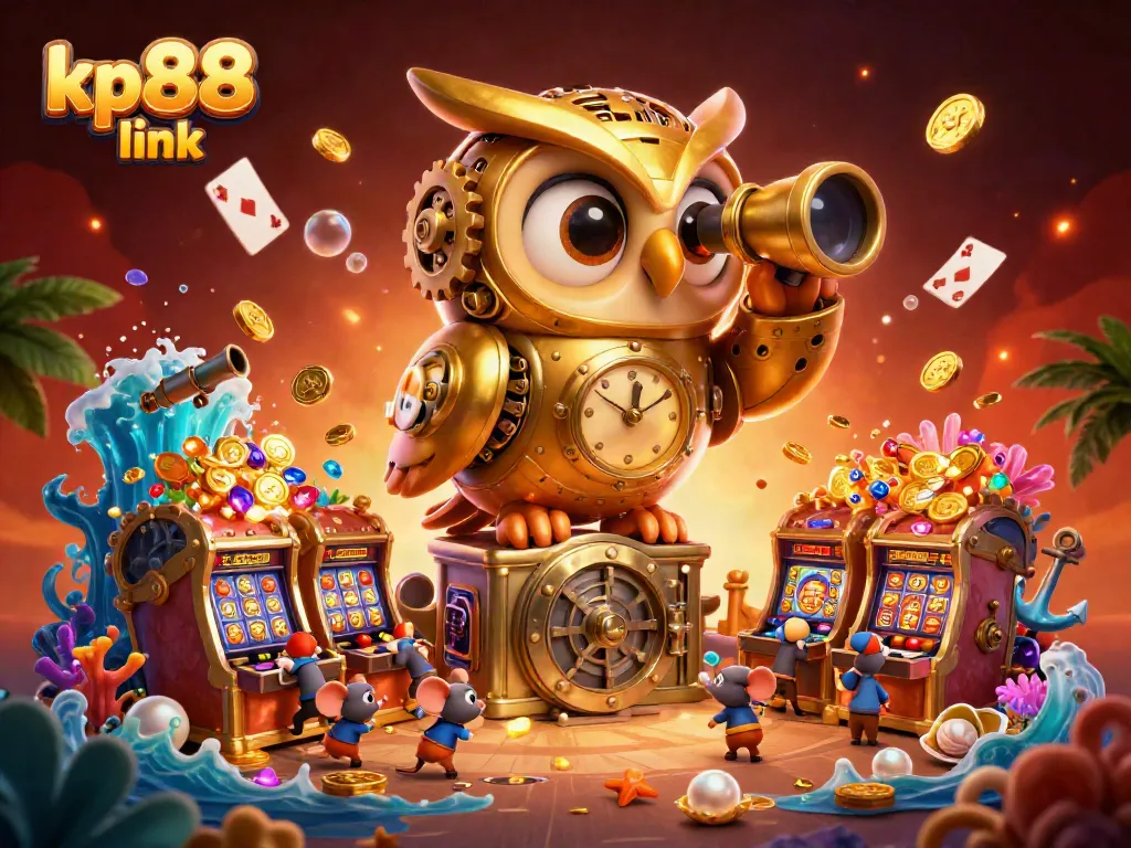 Engage with the kp88 link in a vibrant 3D casino scene featuring a golden owl and playful mice.