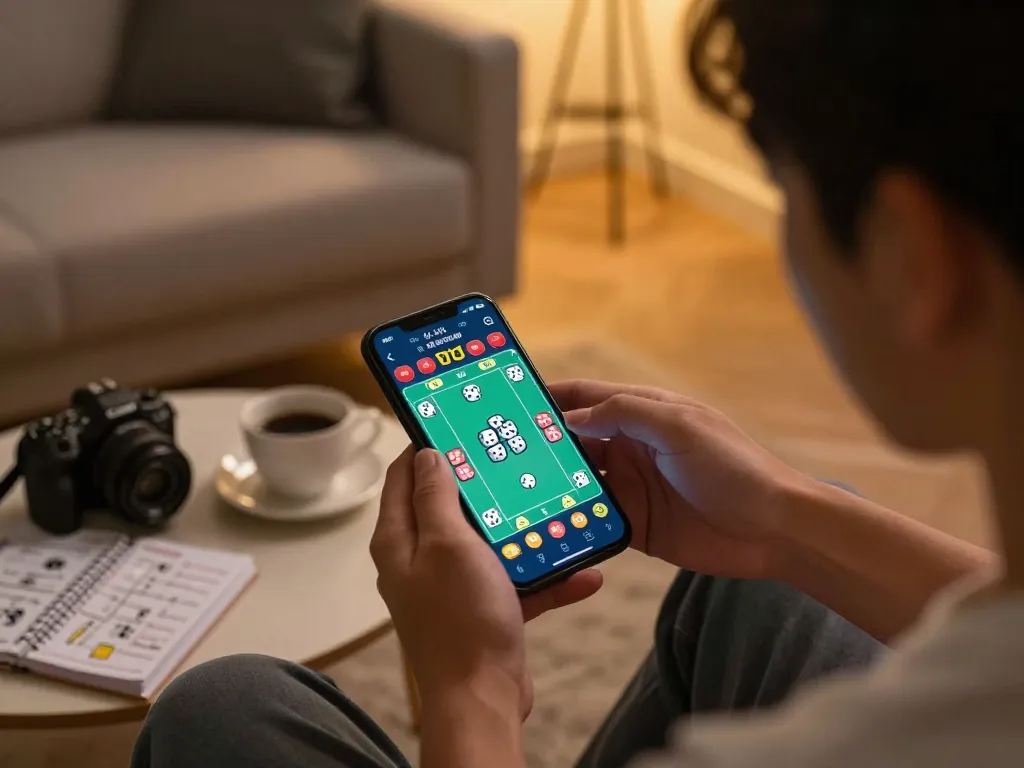 Engaging scene of a player enjoying tài xỉu online, focused on betting interface in a cozy home setup.