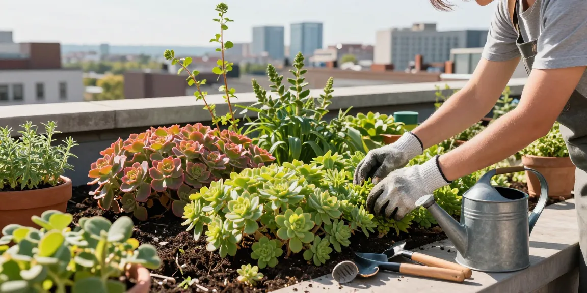 Gedetailleerd sedumdak met levendige sedumplanten en een huiseigenaar die zorgt voor de groene daktuin.