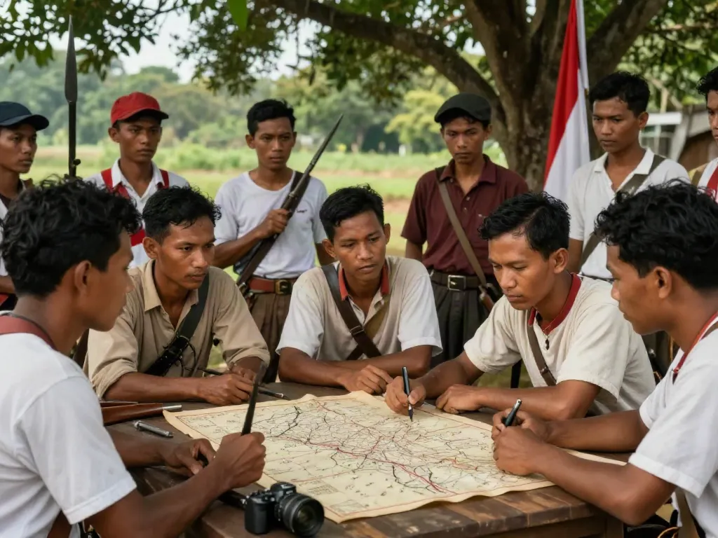Indonesian freedom fighters strategizing about the rokok88 login for historical context of the Dutch-Indonesian conflict.