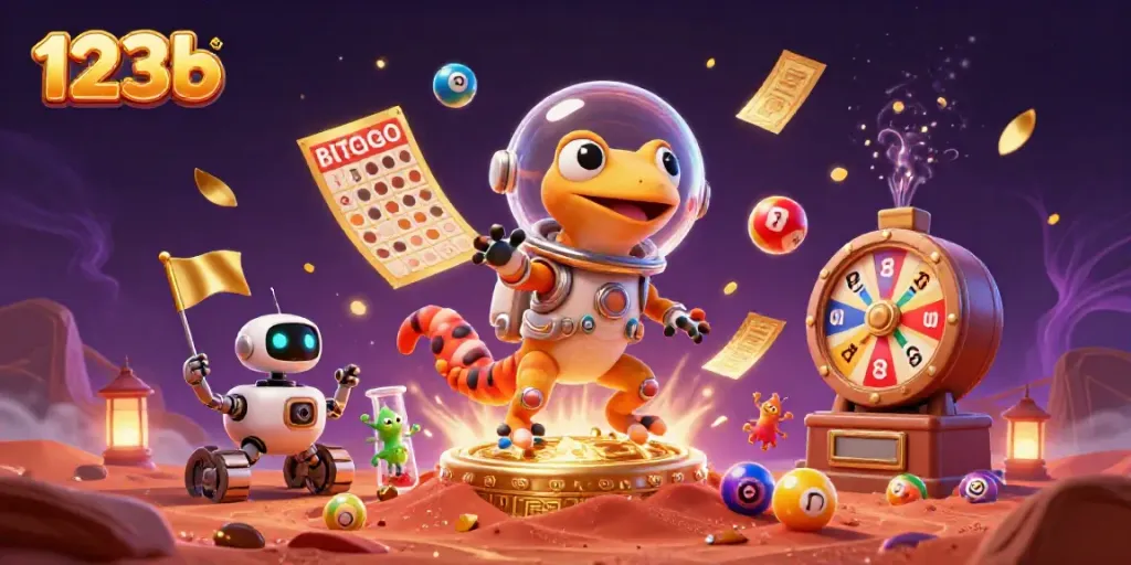 Explore the vibrant casino world of 123b with a Martian gecko discovering treasures.
