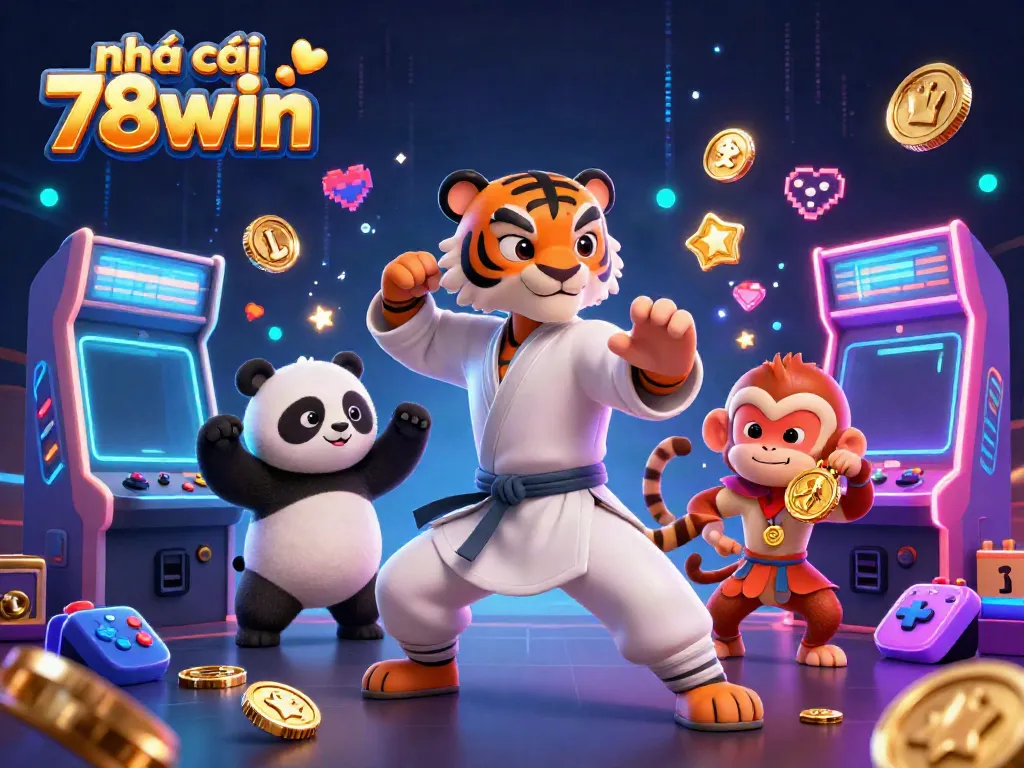 Engage with the thrilling action at nhà cái 78win as a kung fu tiger master illustrates winning strategies in a vibrant casino setting.
