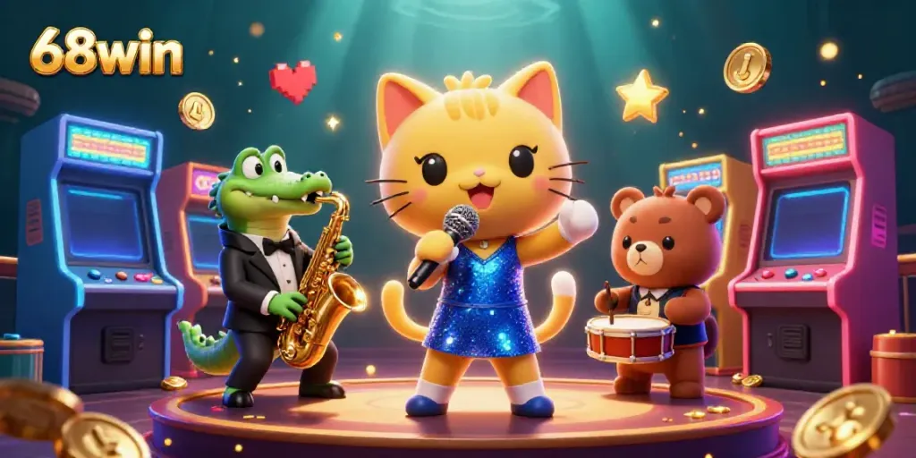 Experience the thrill of 68win with a vibrant casino scene filled with animated characters and gaming elements.