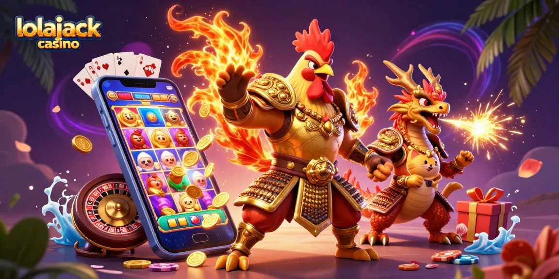 Experience gaming excitement at lolajack casino with dynamic characters and vibrant casino elements.