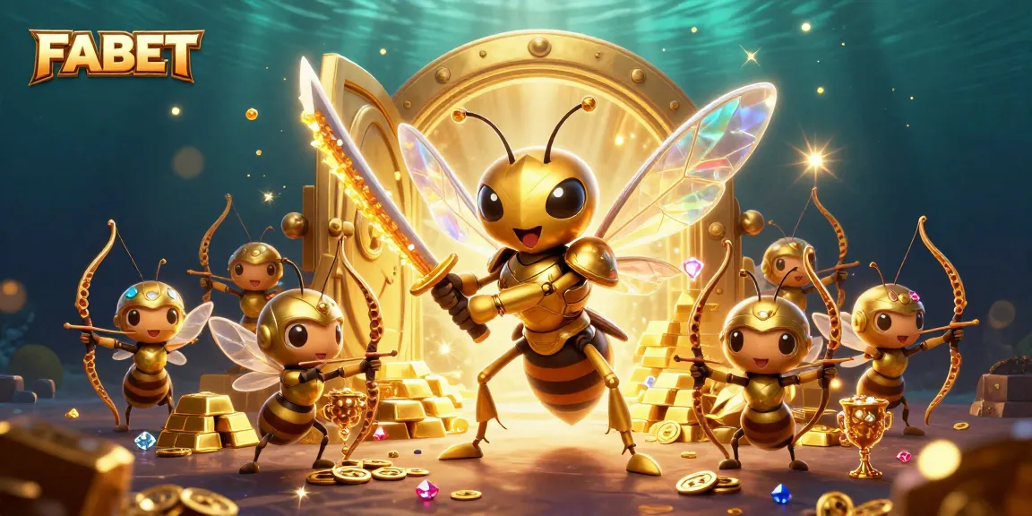Engage in thrilling betting adventures with FABET, featuring a golden hornet samurai and treasure in a dynamic casino scene.