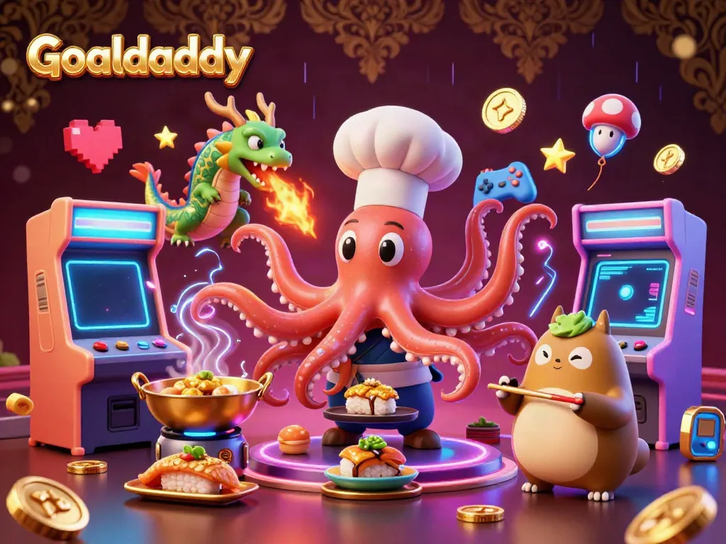 Engage in thrilling gaming with Goaldaddy, featuring a sushi chef octopus and dragon in an action-packed scene.