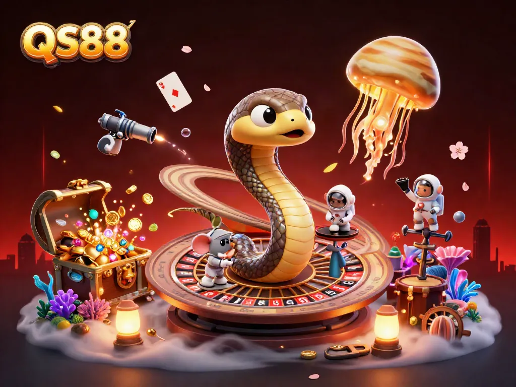 Experience excitement with QS88 as astronaut mice gamble around a cosmic roulette wheel in this vibrant casino scene.