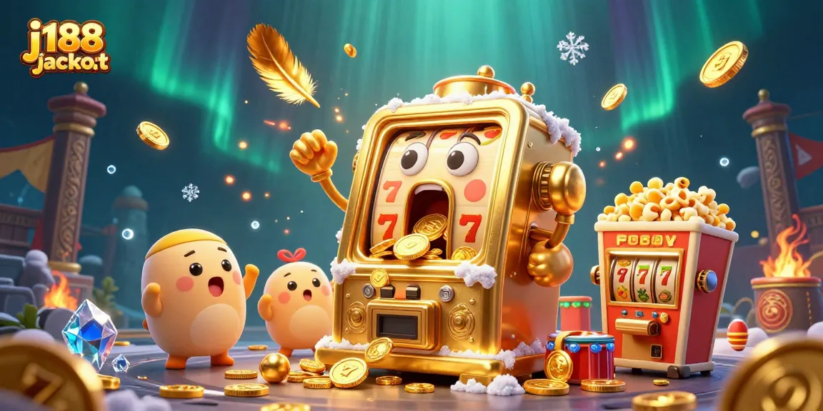 Spin the j188 jackpot with a lively scene of a golden slot machine in action, celebrating wins.