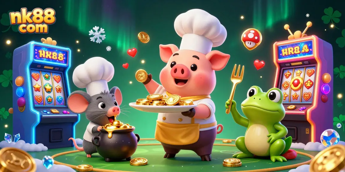 Experience the thrill at nk88 com with a chef pig serving gold coins as slots spin in a vibrant casino.