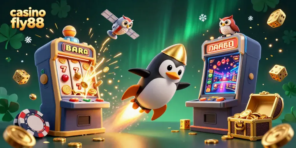 Experience the thrill of casino fly88 with a vibrant 3D scene featuring a golden penguin, jackpot slots, and dynamic gaming elements.