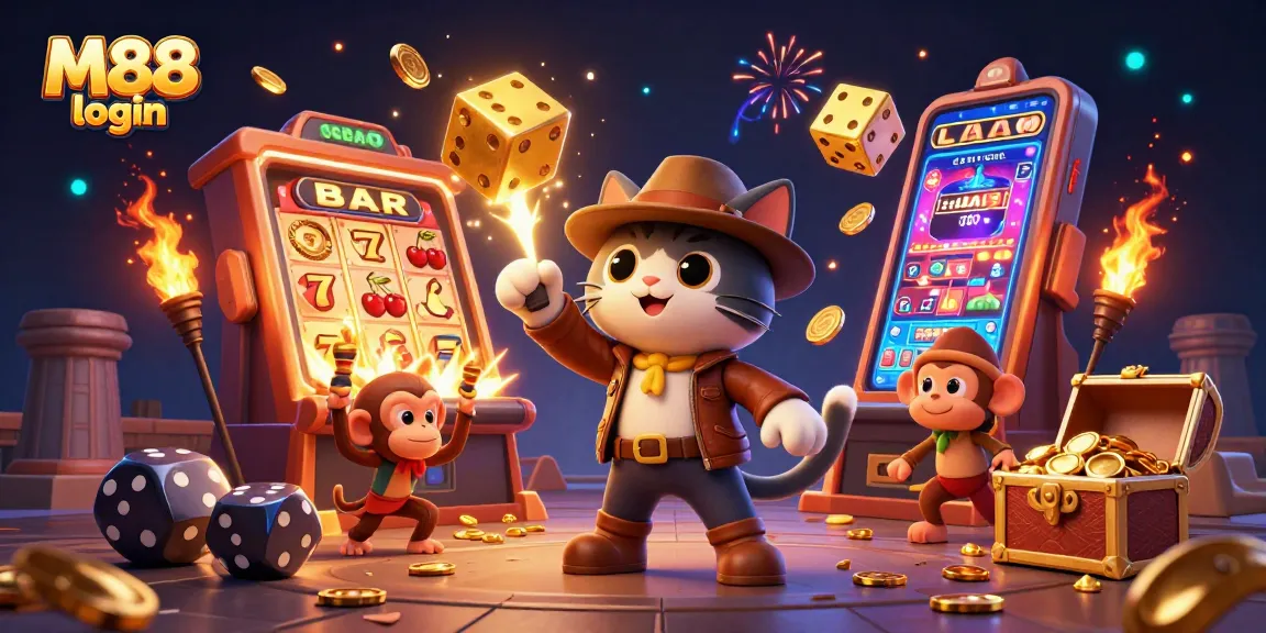 Engage in the thrill of M88 login with a dynamic illustration of exploring a treasure-filled casino.